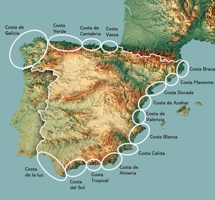 Carte des costas en Espagne et des côtes espagnoles