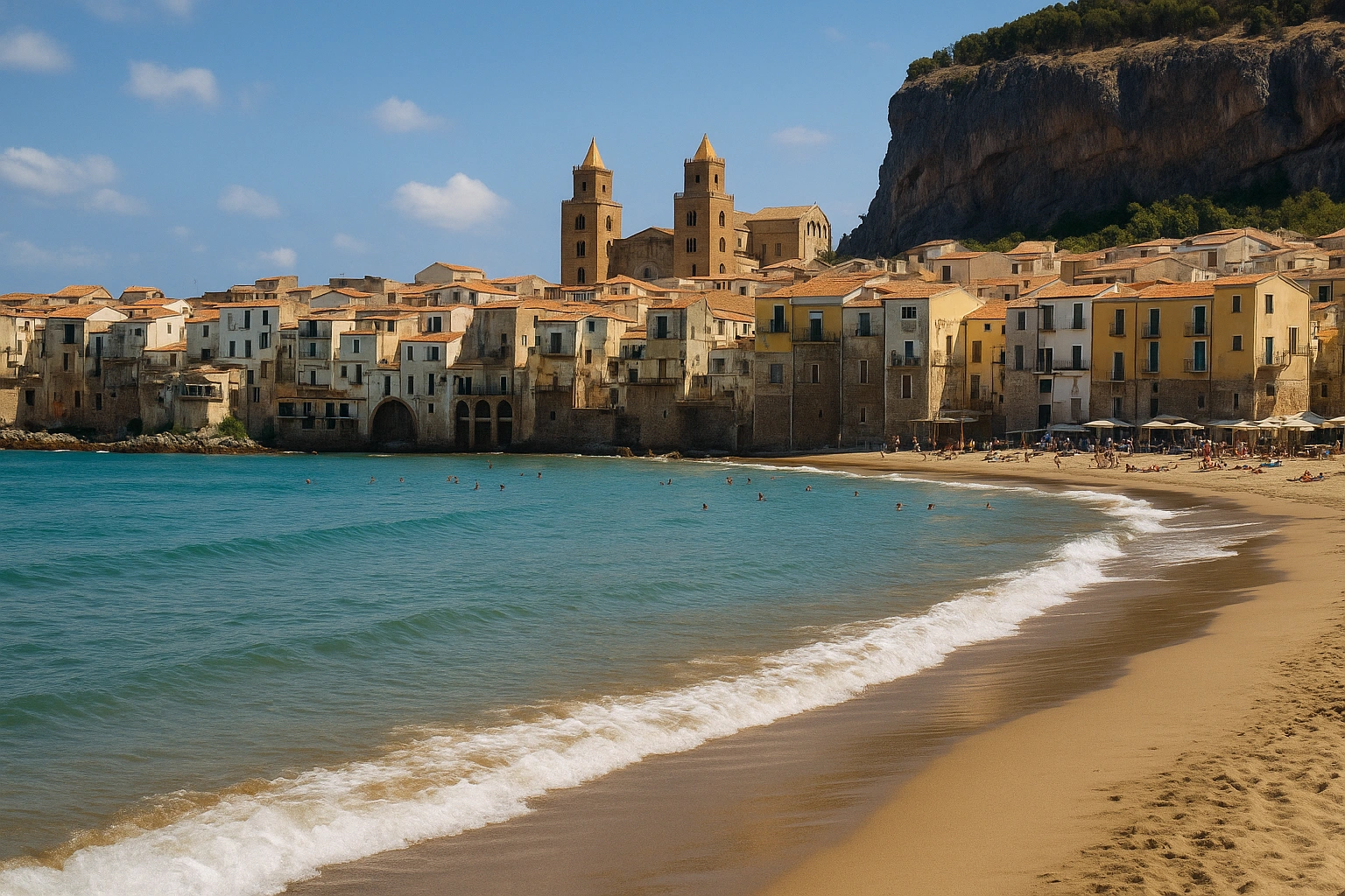 Vue de Cefalù depuis la plage avec la cathédrale et les maisons colorées