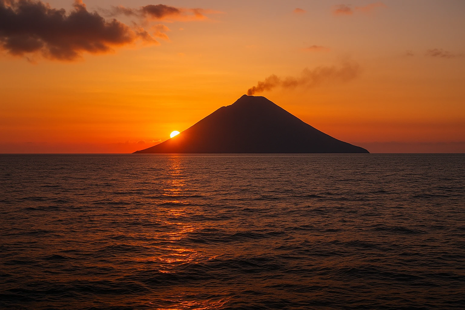 Vue du Stromboli en activité depuis Lipari au coucher du soleil