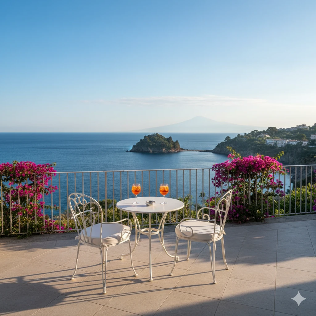 Terrasse d’un hôtel de luxe avec vue sur la mer à Taormine