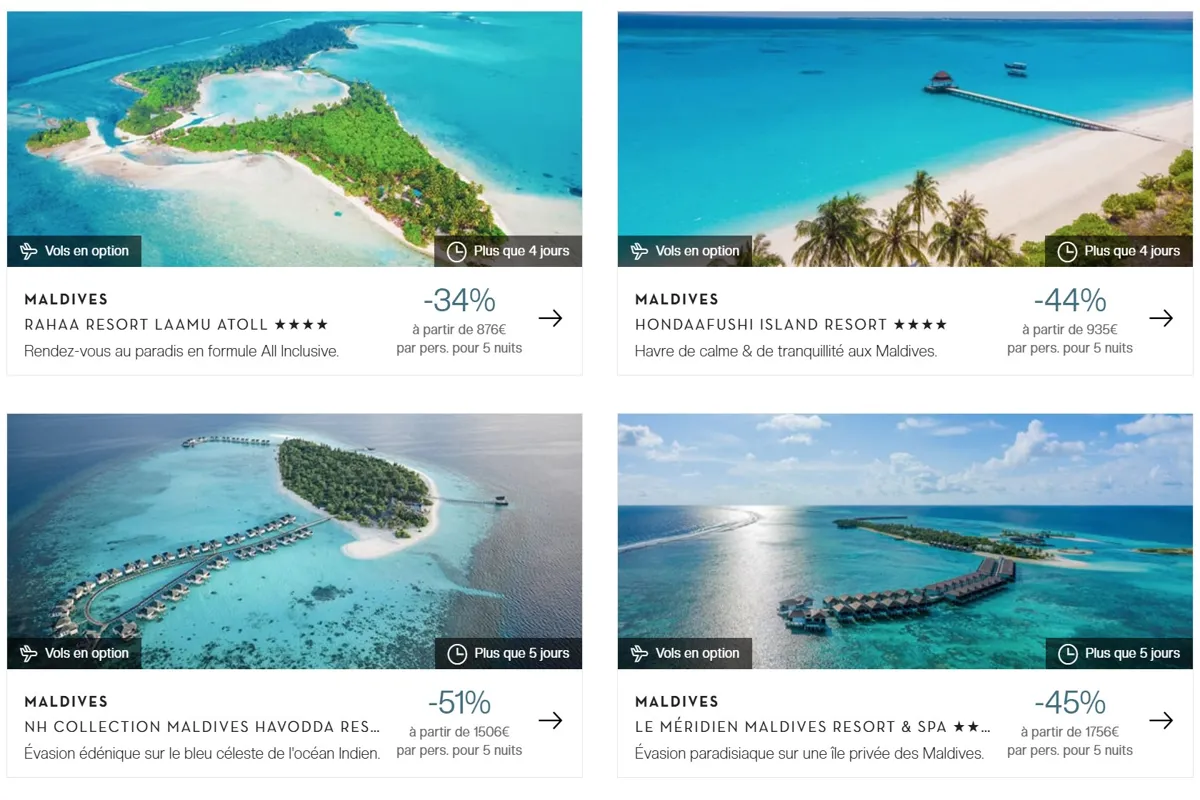 Sélection d’hôtels de luxe aux Maldives proposés par VeryChic pour un voyage de noces romantique, incluant Rahaa Resort, Hondaafushi Island Resort, NH Collection et Le Méridien Maldives.