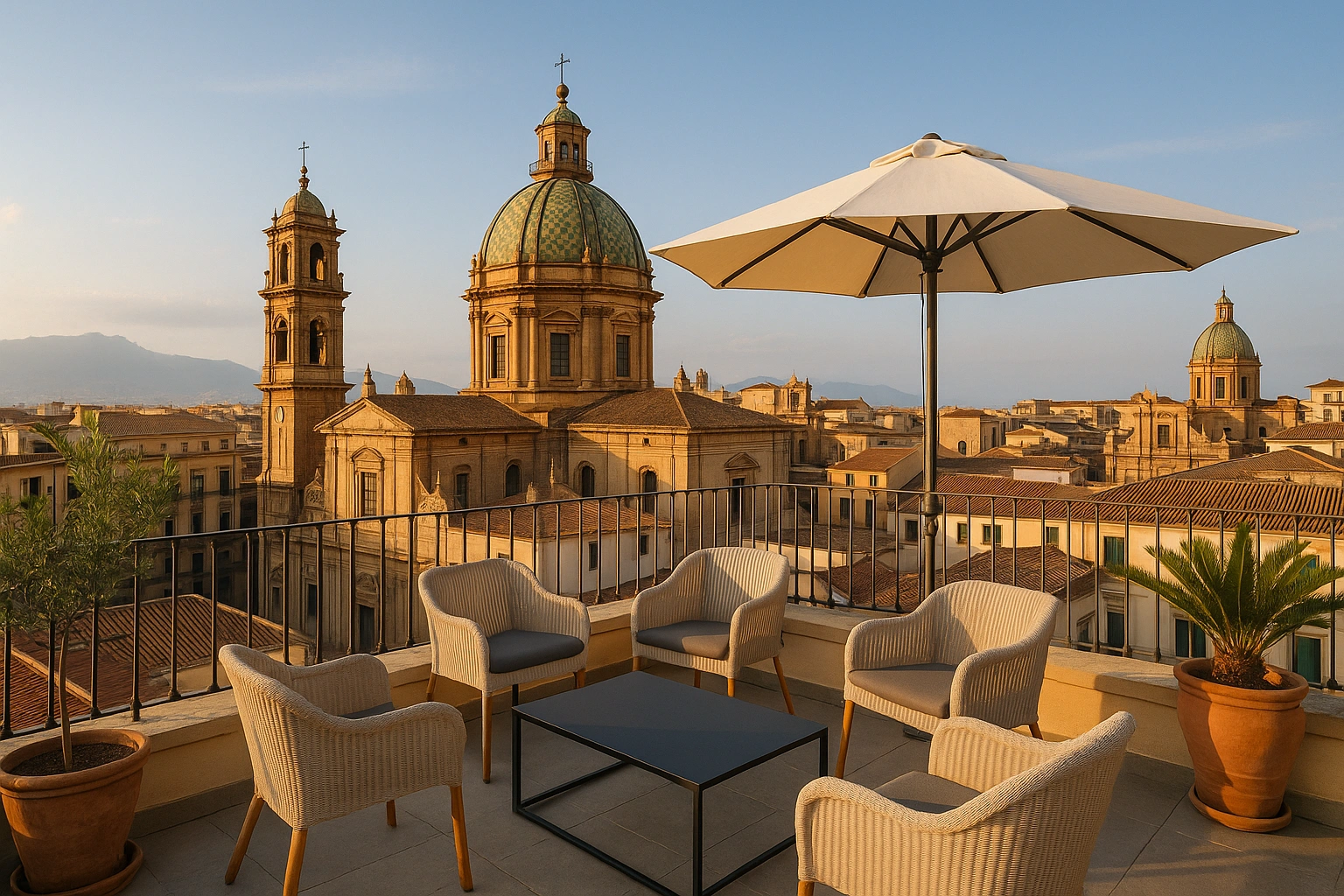 Rooftop d’un hôtel-boutique à Palerme avec vue sur les coupoles baroques