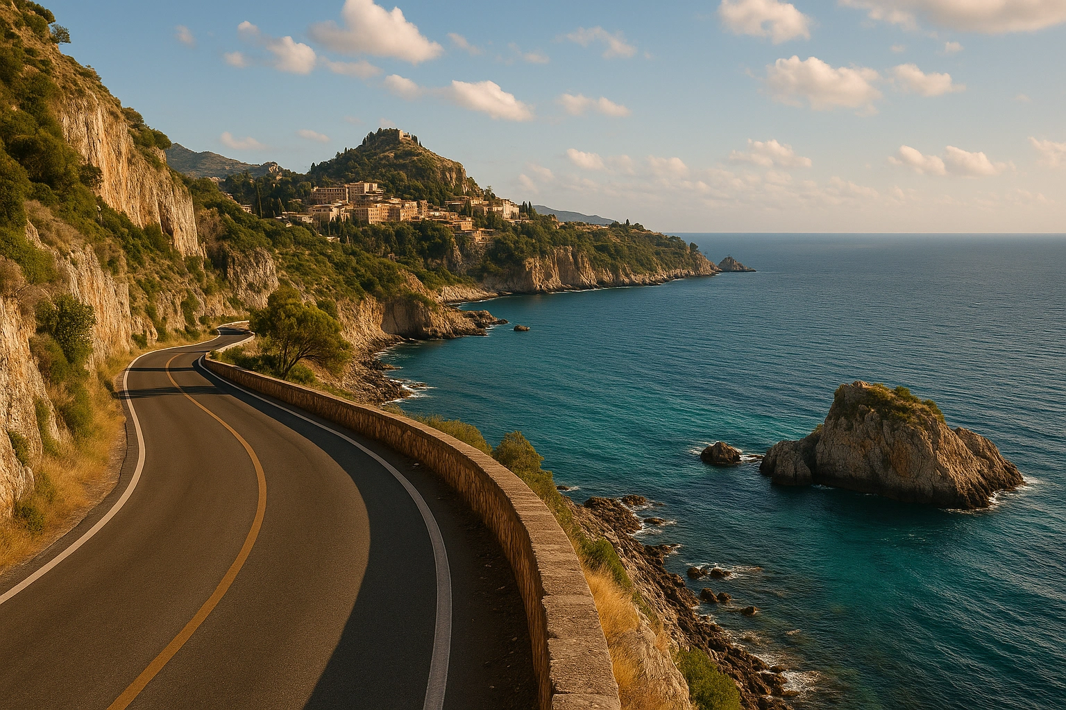 Route côtière en Sicile avec vue mer et falaises près de Taormine