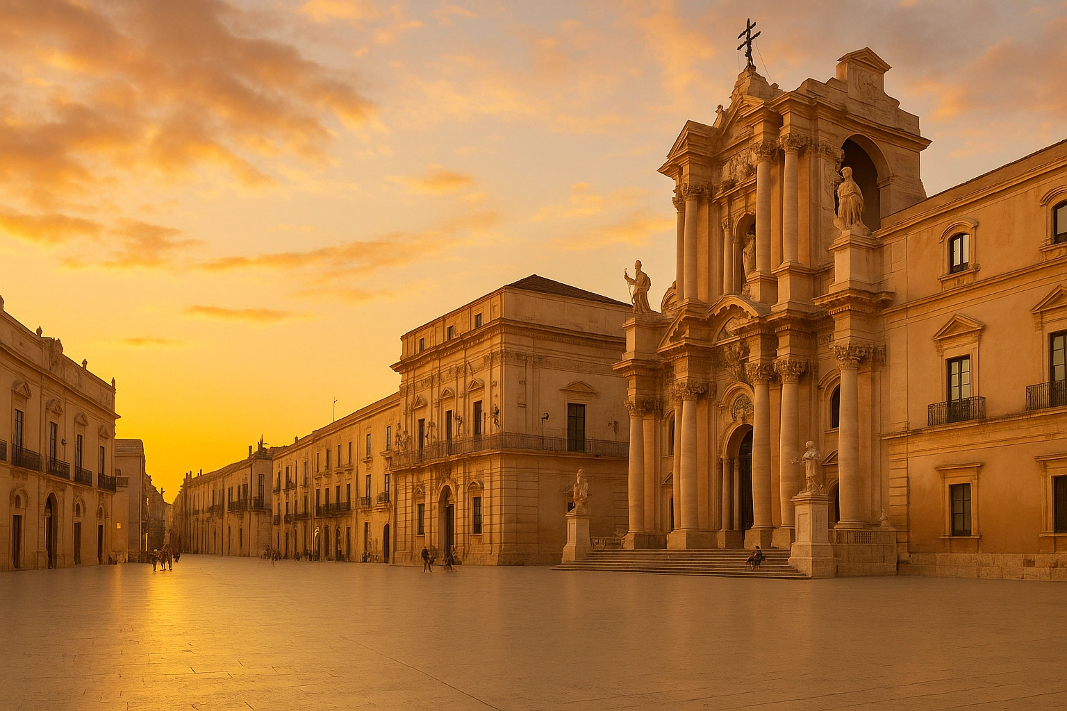Piazza del Duomo à Ortigia, façades blanches et ciel doré au coucher du soleil