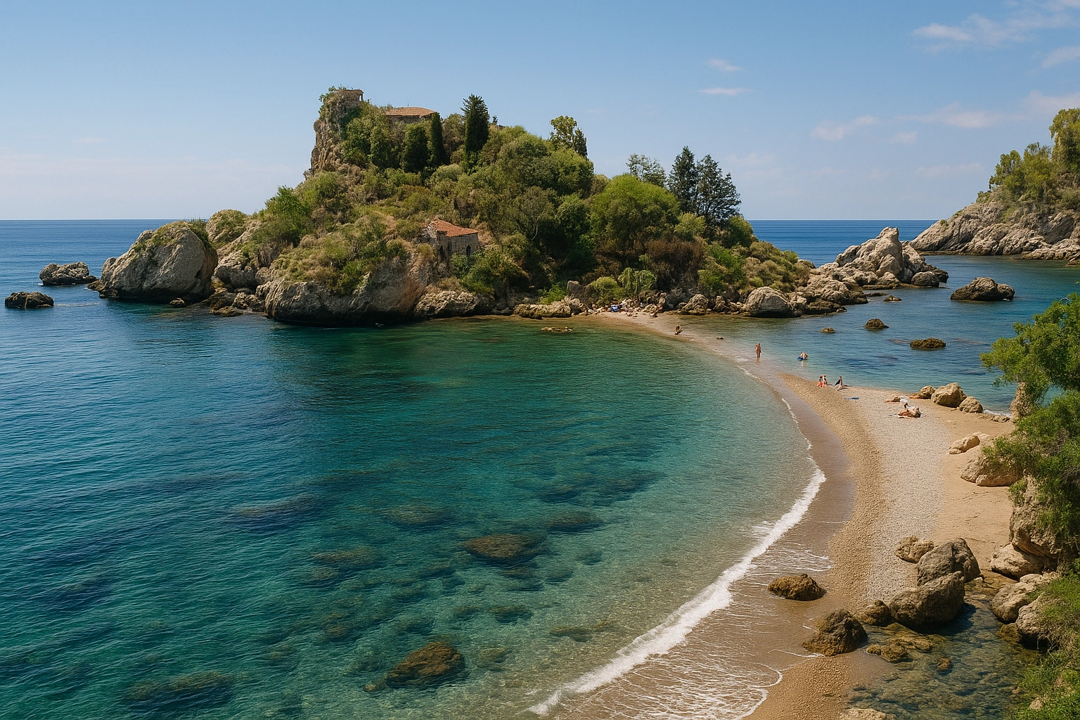 Isola Bella à Taormine avec son isthme de sable et l’eau turquoise