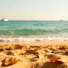 Paysage méditerranéen lumineux avec plage dorée, mer claire et atmosphère automnale, idéal pour un voyage de dernière minute en novembre ou décembre