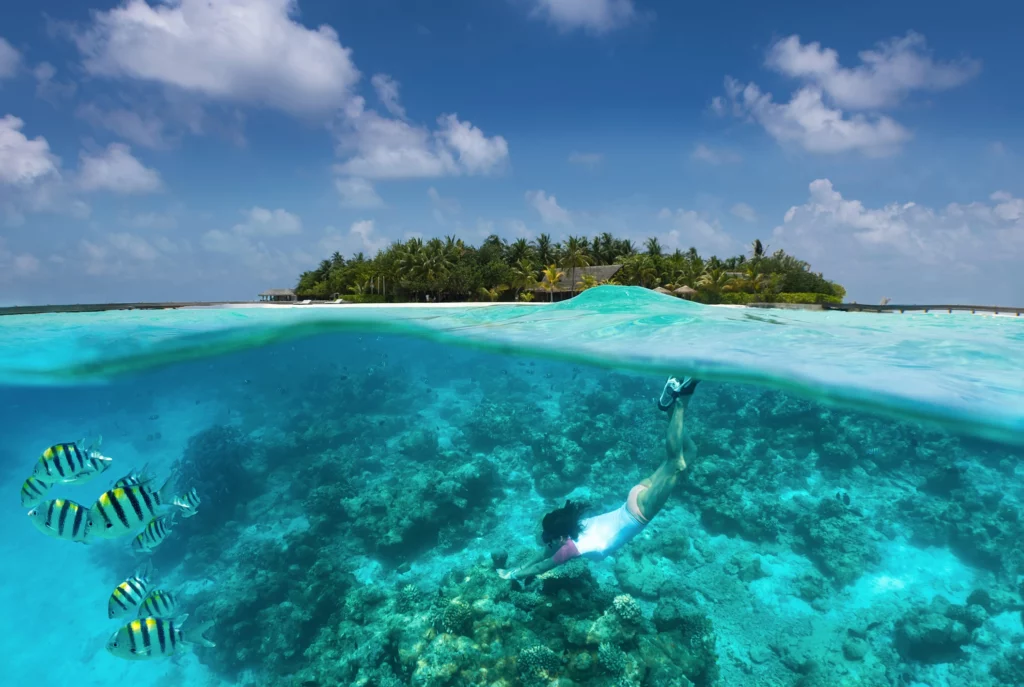 Snorkeleur nageant au-dessus d’un lagon turquoise face à une île-hôtel aux Maldives