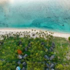 Vue aérienne Plus belles plages île Maurice avec lagon turquoise, palmiers et hôtel en bord de mer